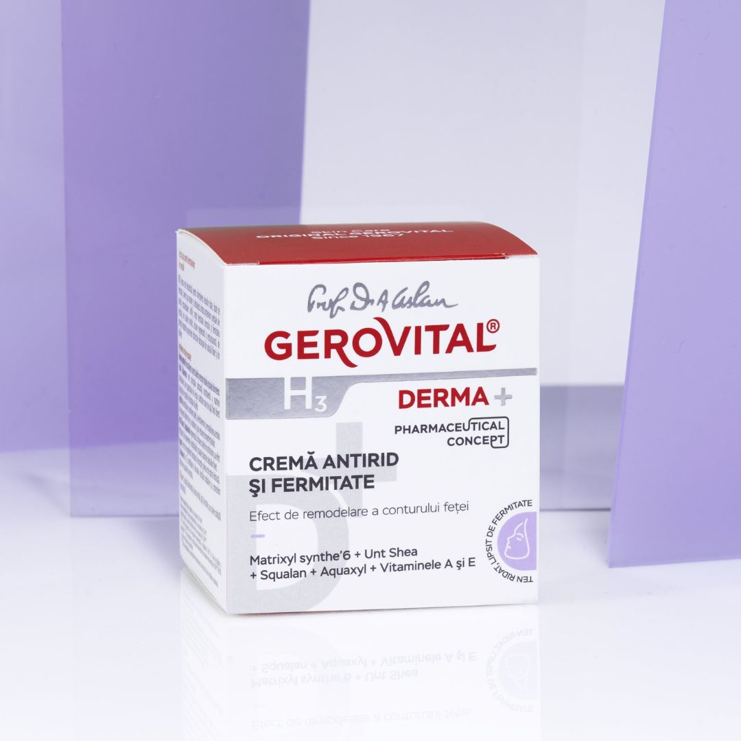 Confezione. Scritta: Gerovital H3 Derma+. Crema antirughe e rassodante. Con ingredienti.