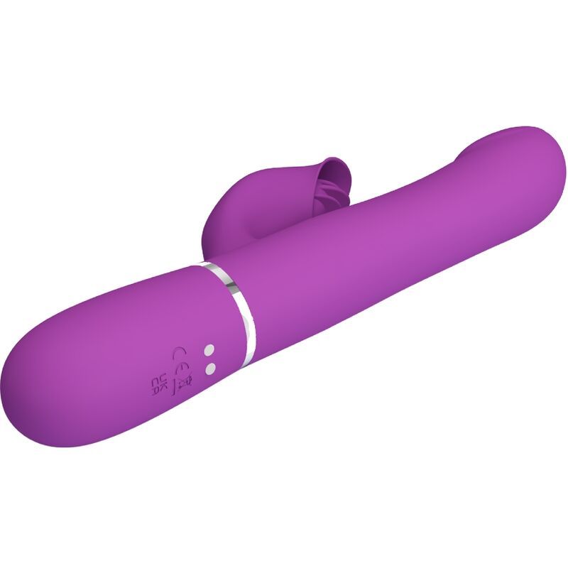 Vibratore coniglio viola, vista laterale, con anello argentato.