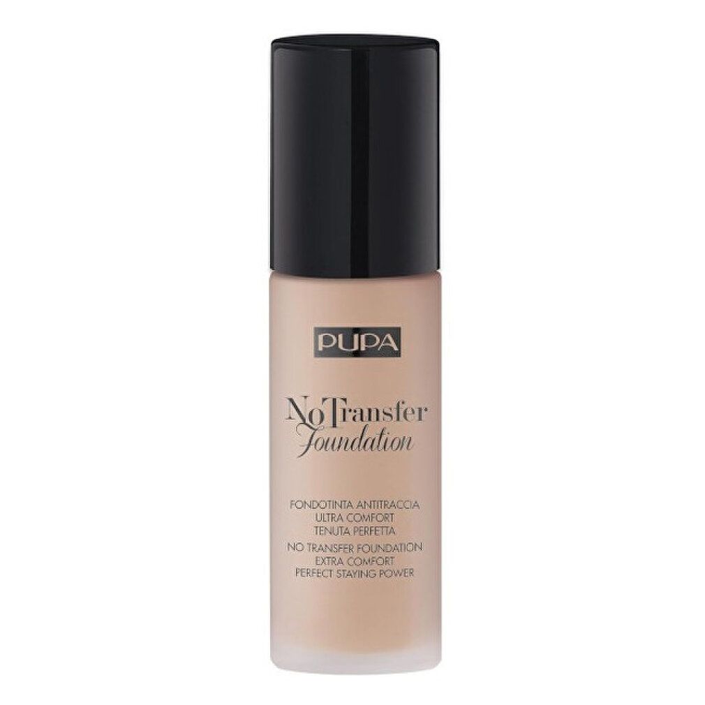 Flacone Pupa No Transfer Foundation con tappo nero. Liquido beige visibile. Nome prodotto e marchio sull'etichetta.