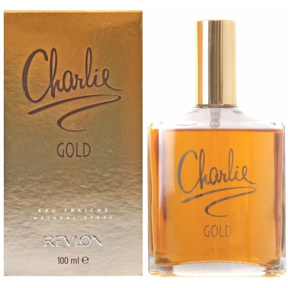 Eau Fraîche dorata Revlon. Flacone con tappo dorato e scritta Charlie Gold. Scatola con scritta e 100 ml.