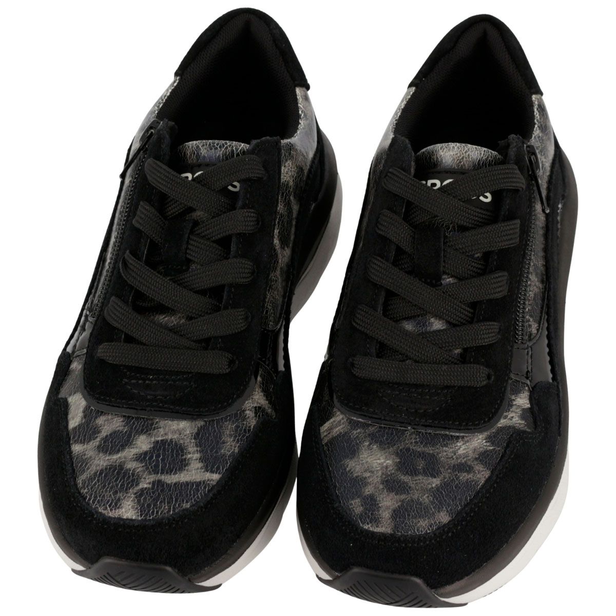 Sneaker nere da donna con stampa leopardata, camoscio, lacci e zip laterale.