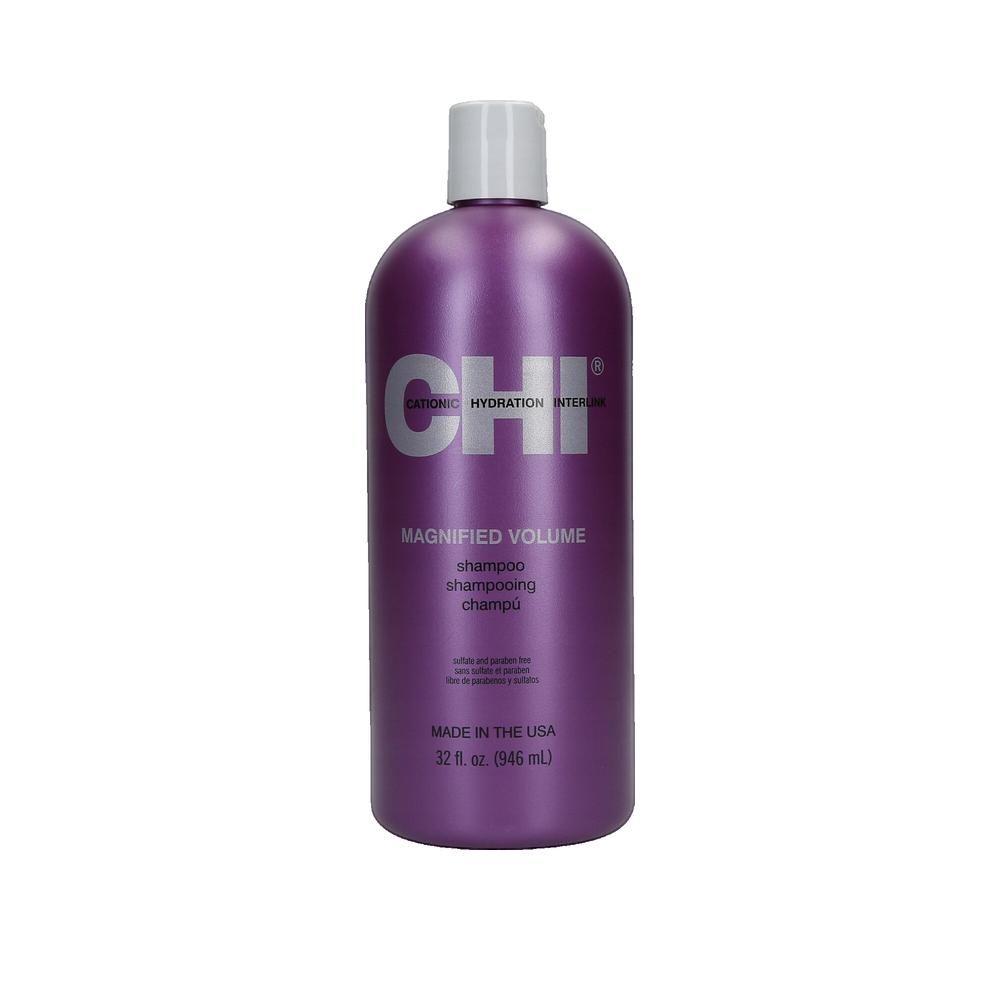 Flacone di shampoo viola con tappo bianco. Scritta: CHI Magnified Volume. 32 fl. oz. (946 ml).