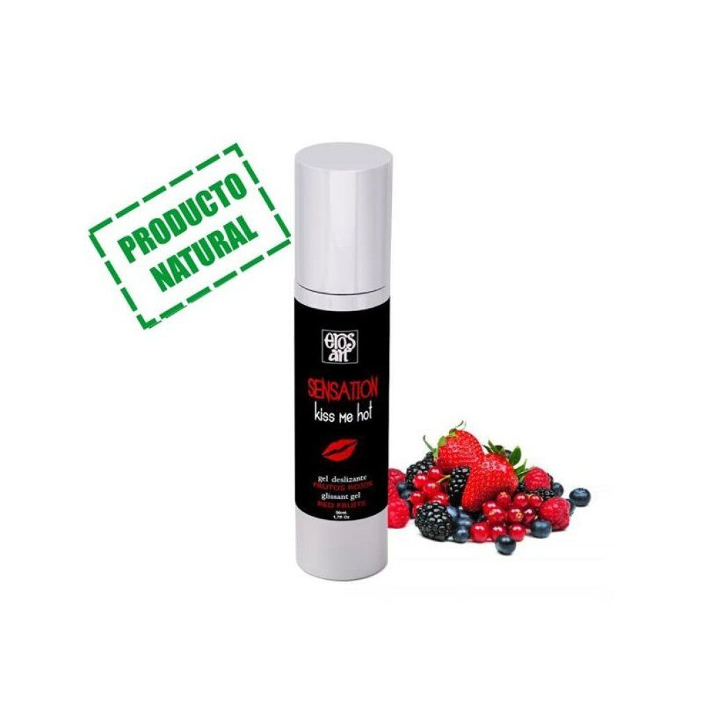 Flacone bianco con etichetta nera. Scritta: Eros Art Sensation kiss me hot. Frutti rossi accanto. Prodotto Natural.