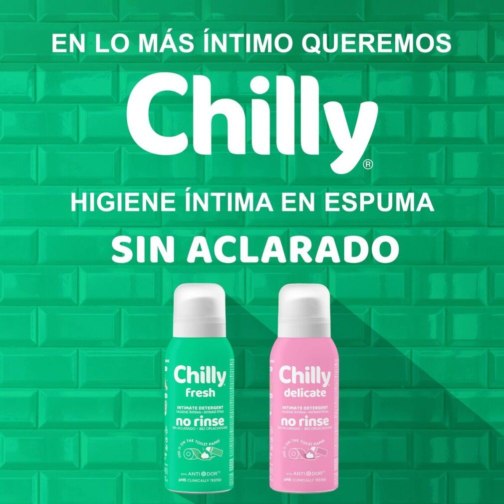 Due flaconi: Chilly fresh (verde) e Chilly delicate (rosa). Testo: Igiene intima in schiuma, senza risciacquo.
