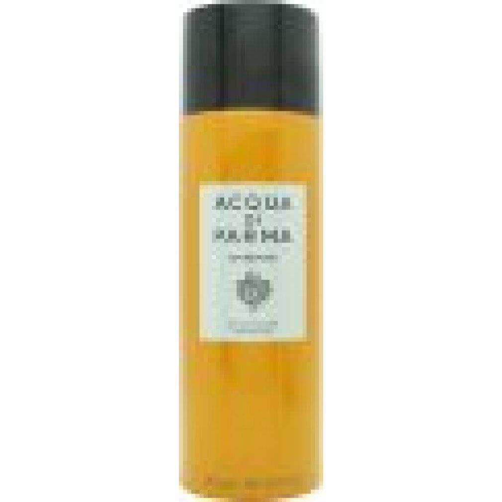 Flacone di gel da barba giallo, tappo nero. Logo e testo "Acqua di Parma" su etichetta bianca.