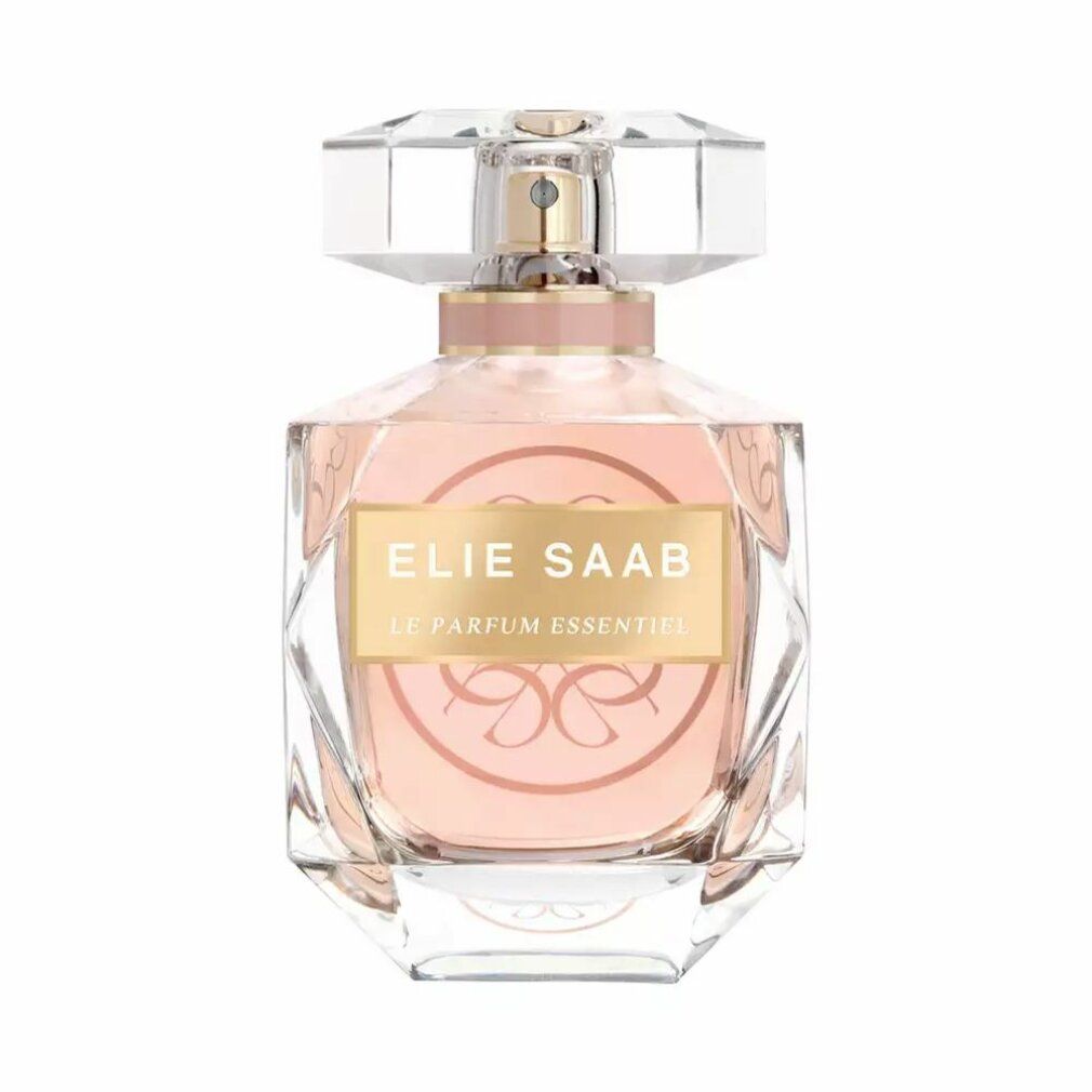 Flacone di profumo con liquido rosa. Scritta: ELIE SAAB LE PARFUM ESSENTIEL. Tappo trasparente.