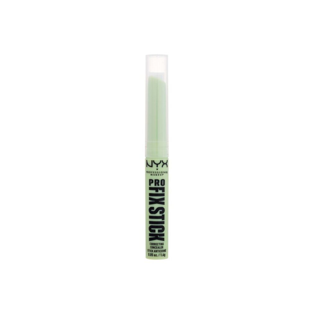 Stick correttore verde NYX Professional Makeup Pro Fix Stick. Stick bianco con prodotto verde. Scritta nera: PRO FIX STICK, CORRECTING CONCEALER.