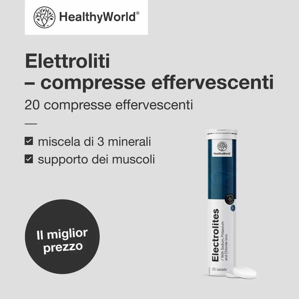 Tubo di compresse effervescenti di elettroliti con informazioni su minerali e funzione muscolare.