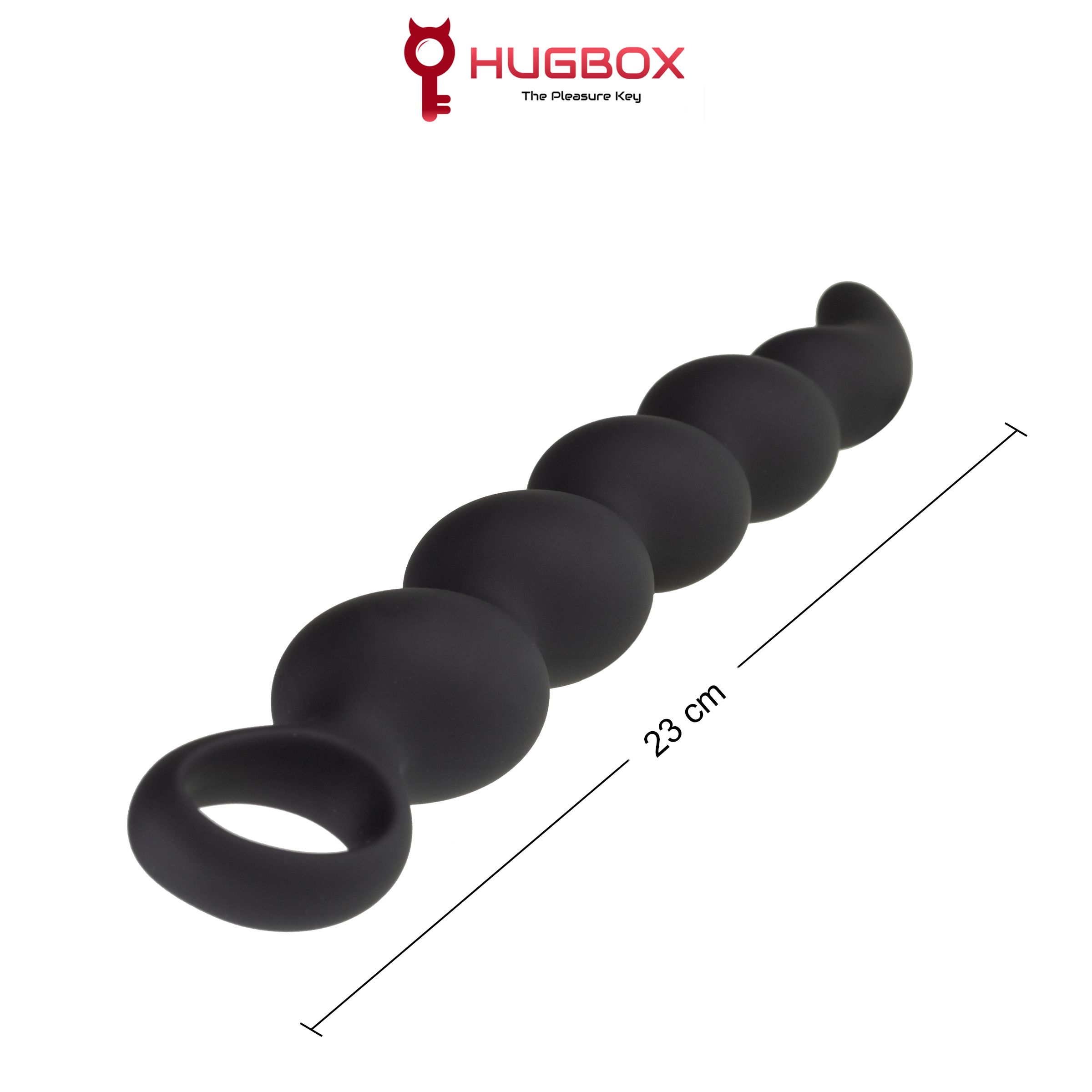 Prodotto benessere nero a spirale, sei sfere e anello. Testo: HUGBOX The Pleasure Key, 23 cm.