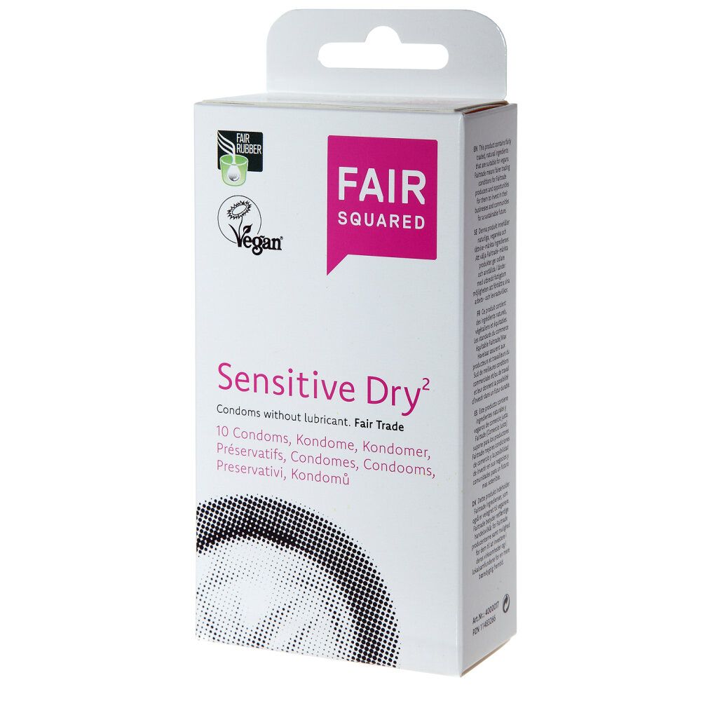 Scatola di preservativi. Logo FAIR SQUARED e scritta "Sensitive Dry". Sigillo vegano. Contiene 10 preservativi.