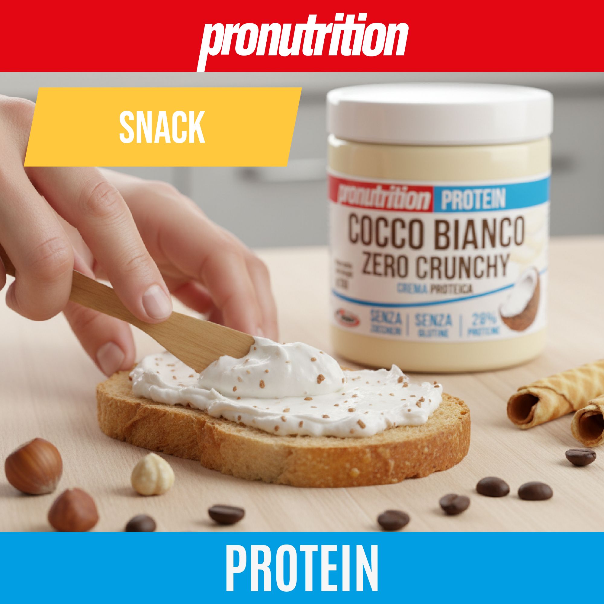 Qualcuno spalma crema bianca sul pane. Accanto: COCCO BIANCO ZERO CRUNCHY. Marchio Pronutrition. Nocciole, cioccolato.