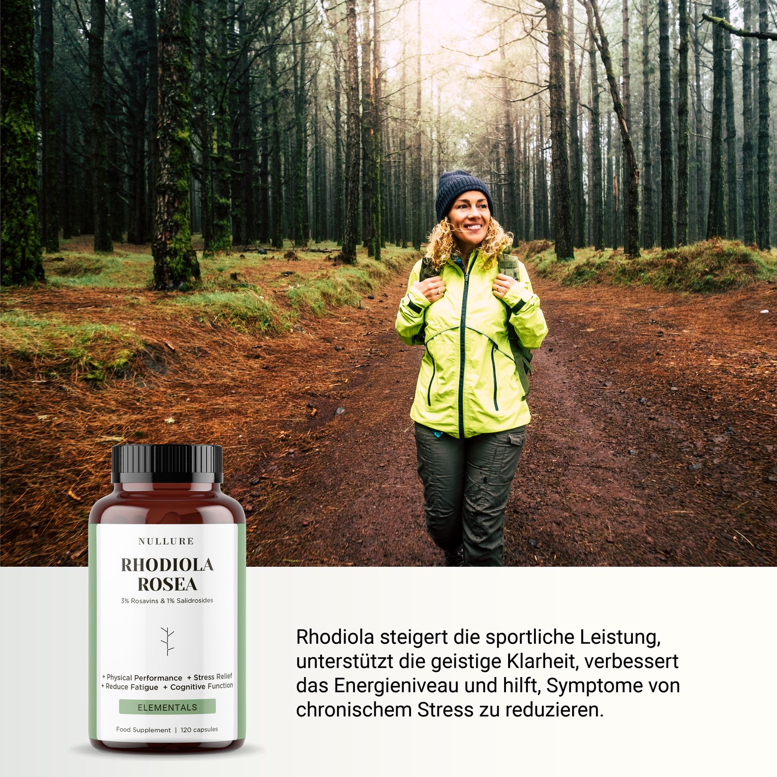Donna nel bosco con flacone. Flacone con etichetta: Rhodiola Rosea, 120 capsule. Testo: Physical Performance, Stress Relief, Reduce Fatigue.