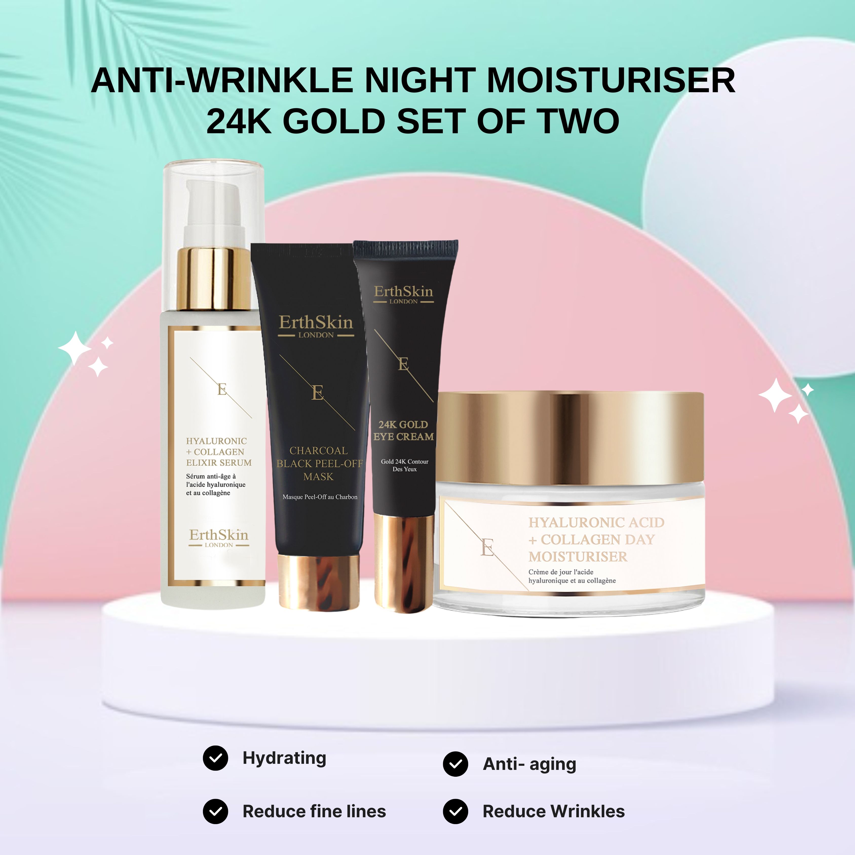 Set cosmetico con siero, maschera, crema occhi e crema giorno. Confezioni nere e oro. Testo: ErthSkin London. Su piedistallo.