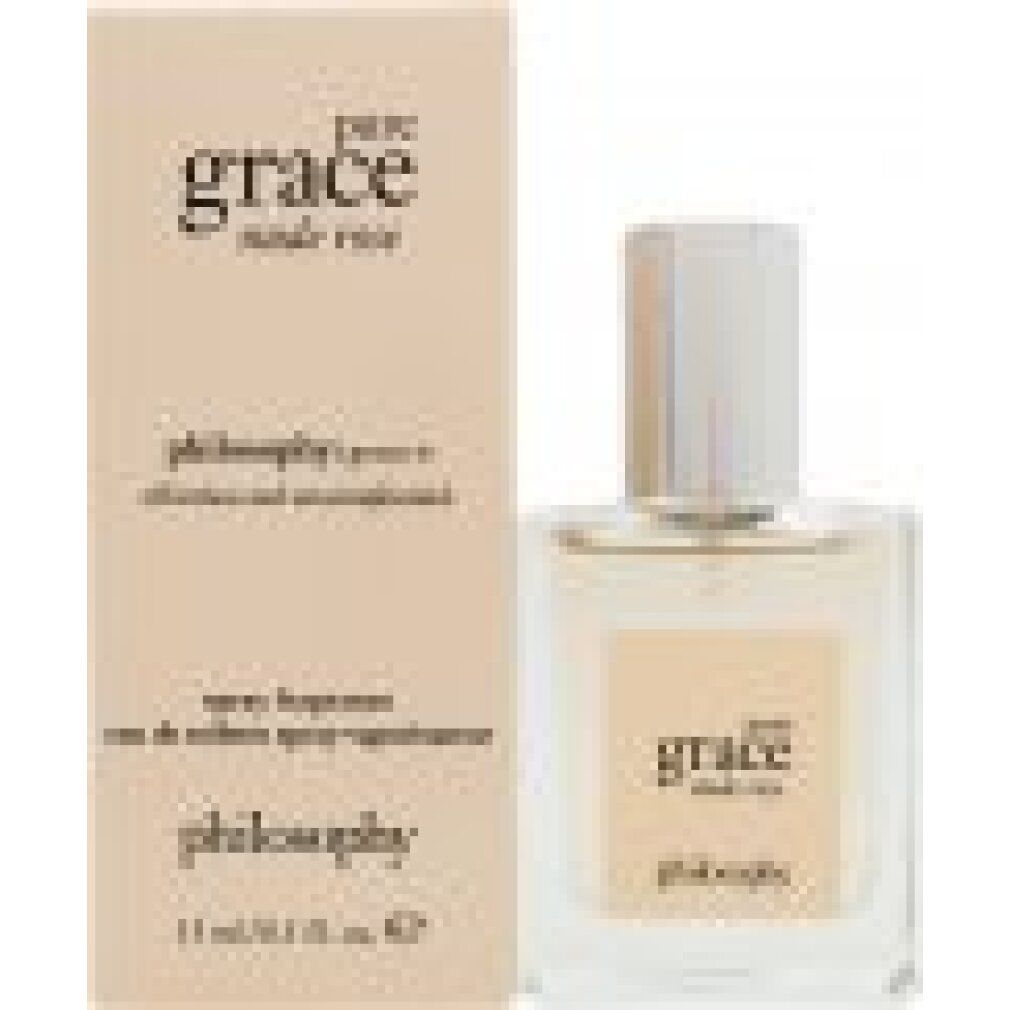 Flacone e confezione 'pure grace nude rose'. Flacone beige con tappo argentato. Confezione rettangolare con testo.