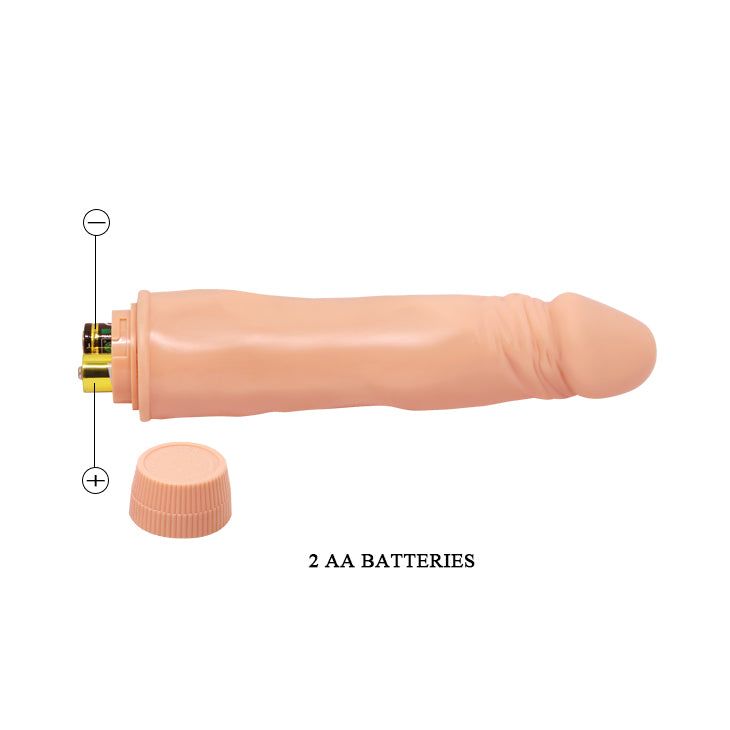 Dildo beige con vano batterie aperto. 2 batterie AA visibili.