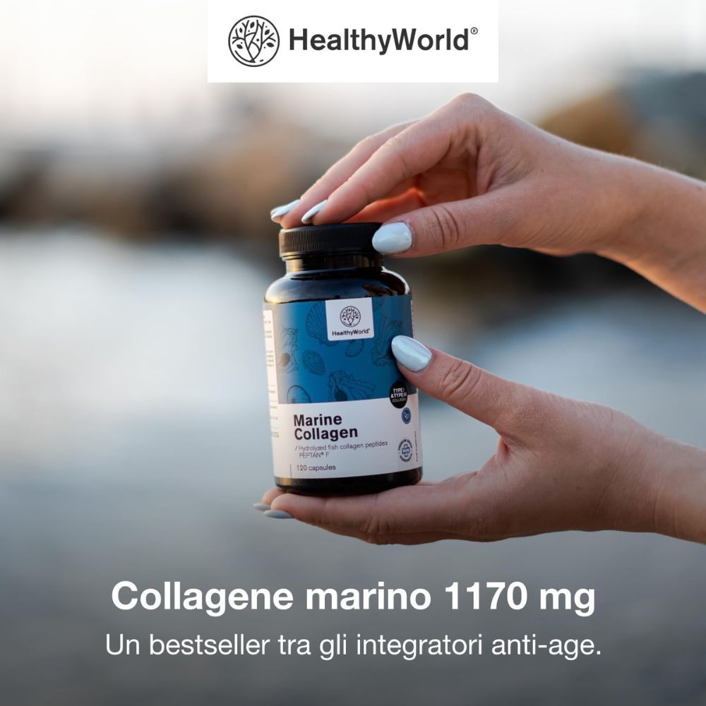Flacone in mano. Testo: Collagene marino 1170 mg, 120 capsule. Logo: HealthyWorld. Bestseller.