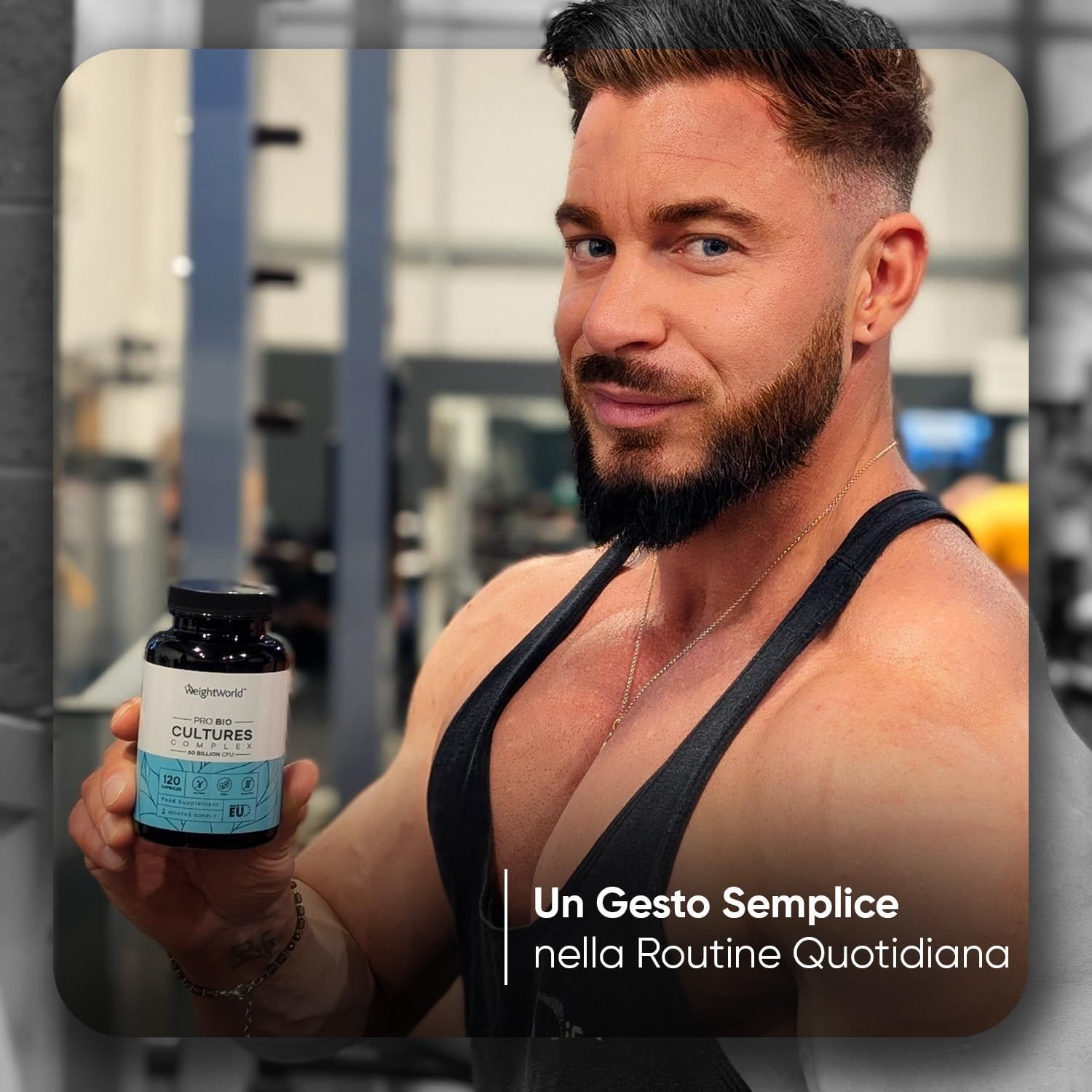 Uomo tiene in mano un flacone. Testo: Un Gesto Semplice nella Routine Quotidiana.