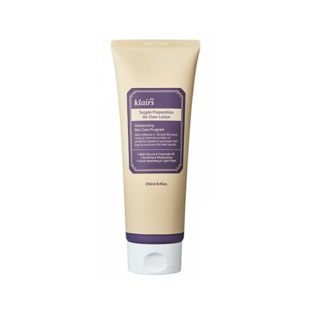 Tubo beige con etichetta blu. Testo: klairs, Supple Preparation All-Over Lotion. 250ml.