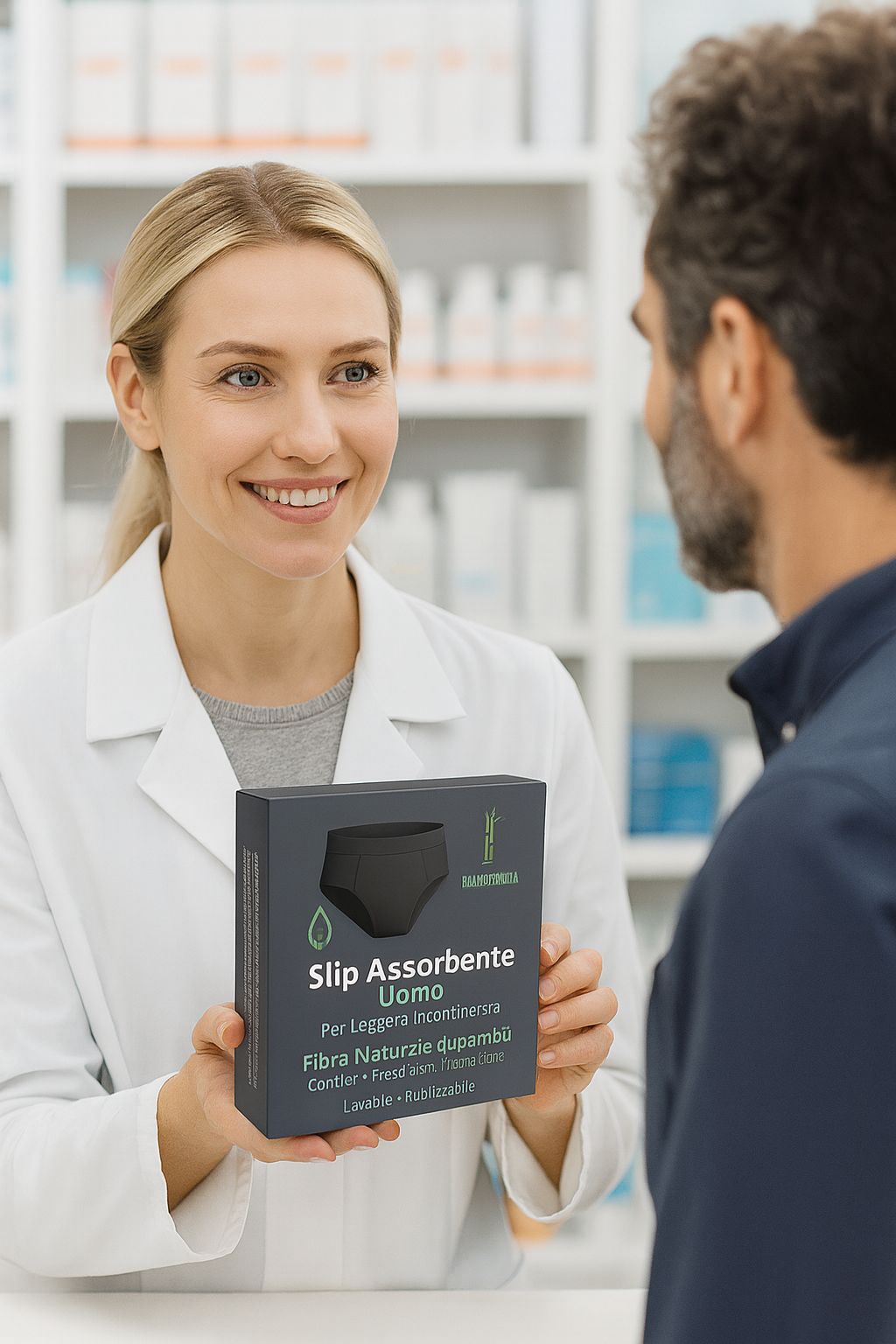 Farmacista presenta slip assorbente uomo in confezione originale a un cliente.
