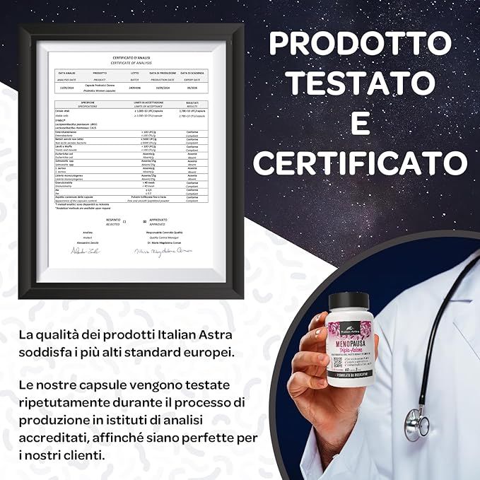 Certificato in cornice nera. Testo: Prodotto testato e certificato. Flacone di capsule. Medico con stetoscopio.