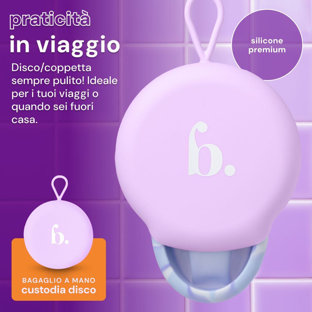 Bodyotics Comfyflow: disco mestruale (L) con cordino, viola, con indicazione di taglia.