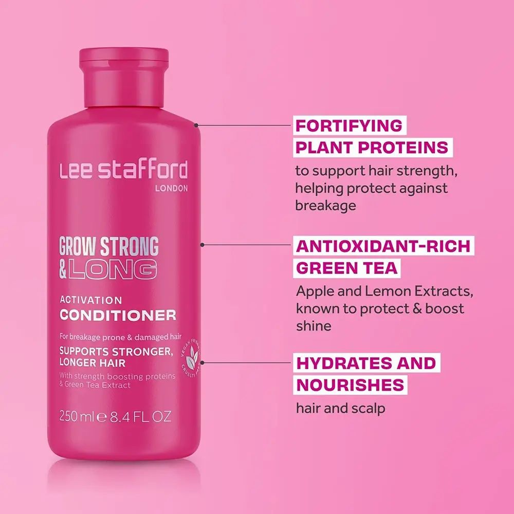 Flacone rosa di balsamo. Testo: Grow Strong & Long, Lee Stafford. Testo: 250 ml 8.4 FL OZ.