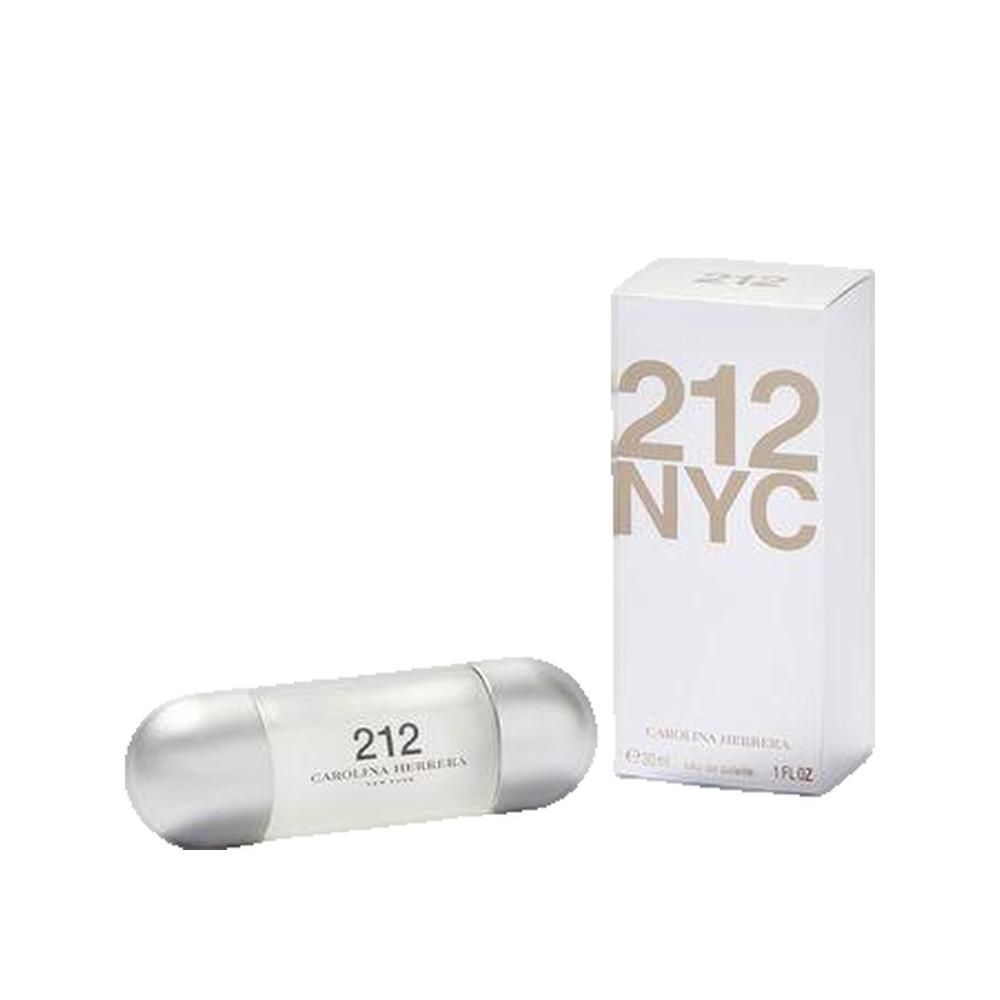 Flacone e confezione di profumo. Flacone cilindrico con estremità argentate. Scatola bianca con scritta 212 NYC.