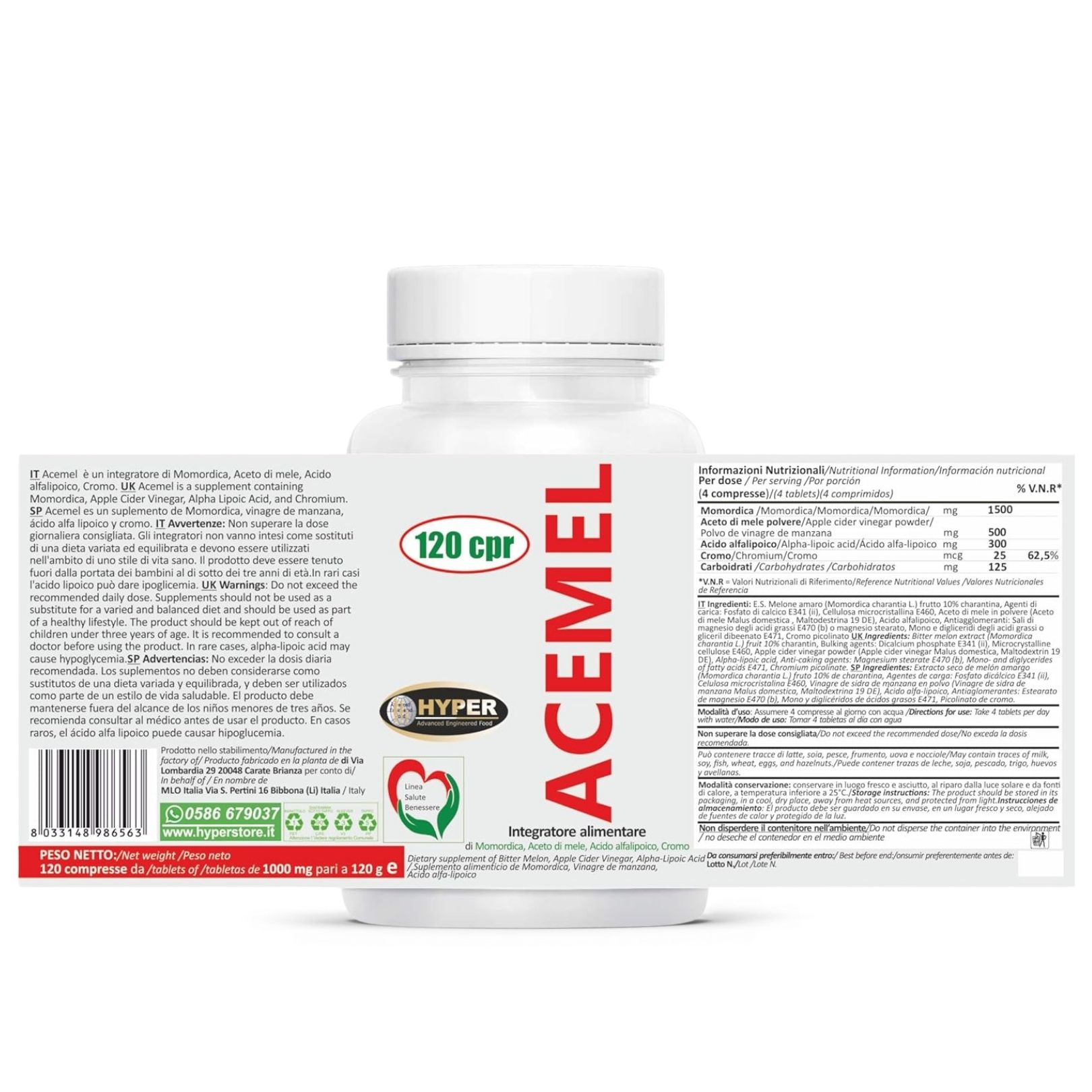Flacone bianco con compresse. Etichetta con informazioni sul prodotto, ingredienti e logo HYPER. Testo: 120 cpr, Acemel.