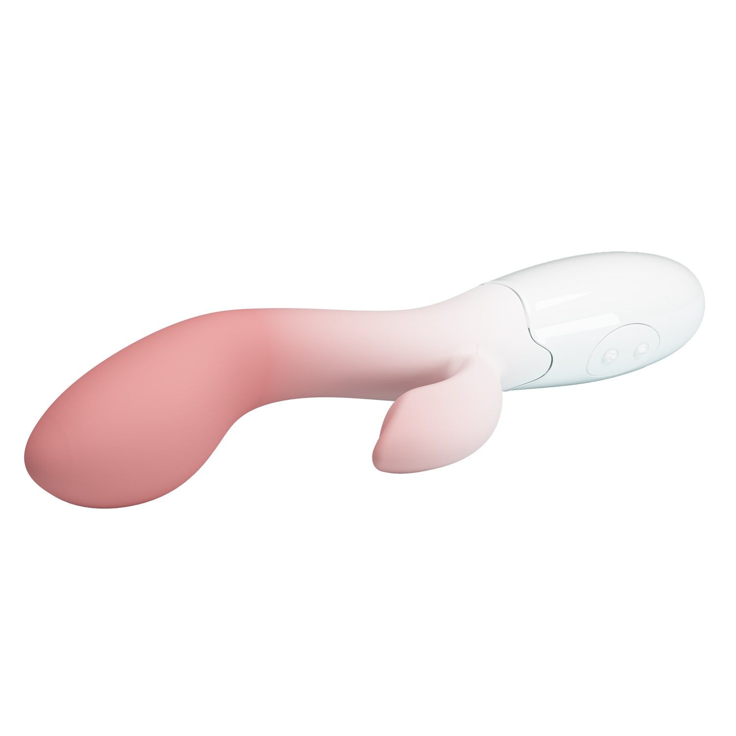 Vibratore bianco e rosa. Testa rosa, manico bianco. Forma curva con due pulsanti.