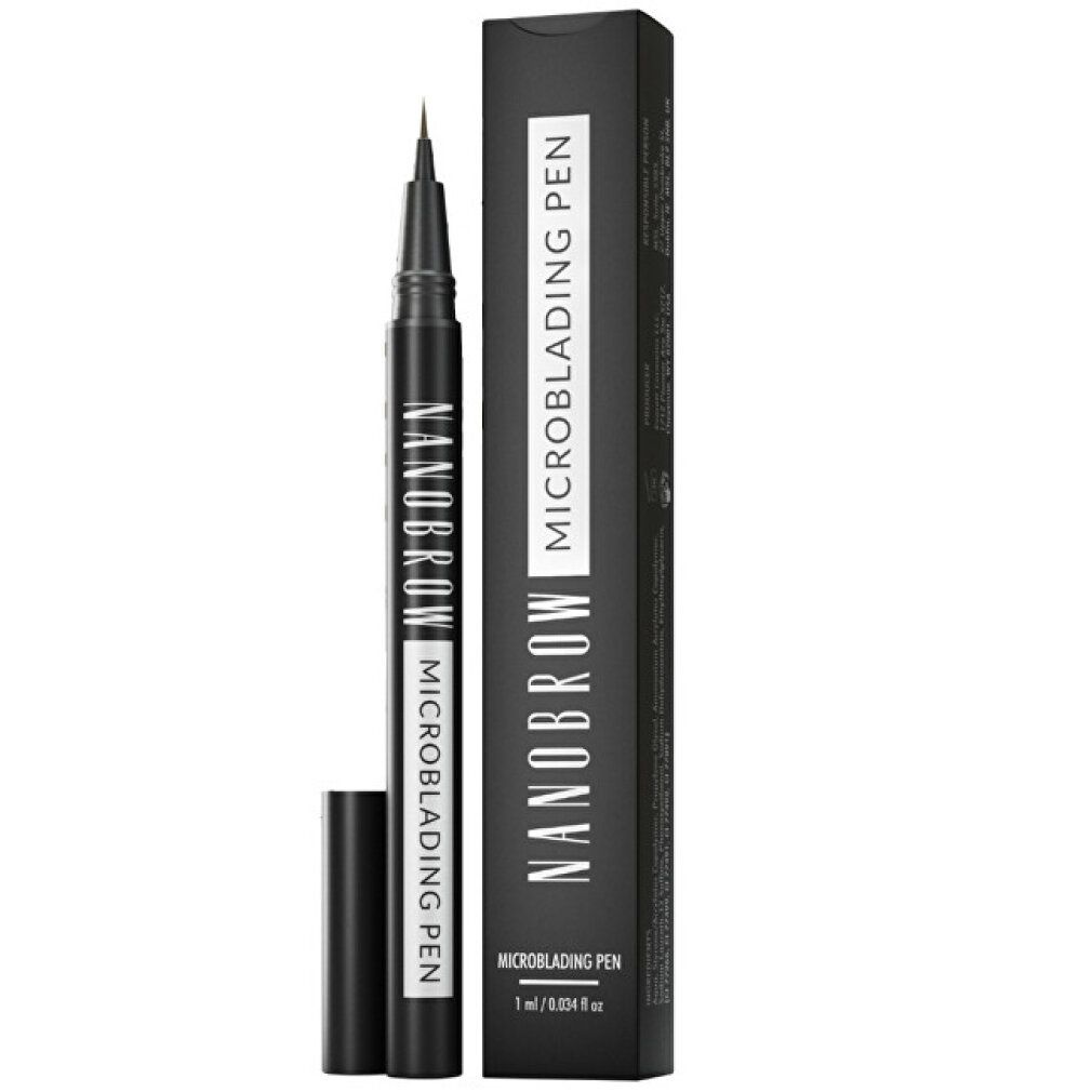 Penna microblading Nanobrow Marrone Scuro, vista laterale della penna e della confezione.