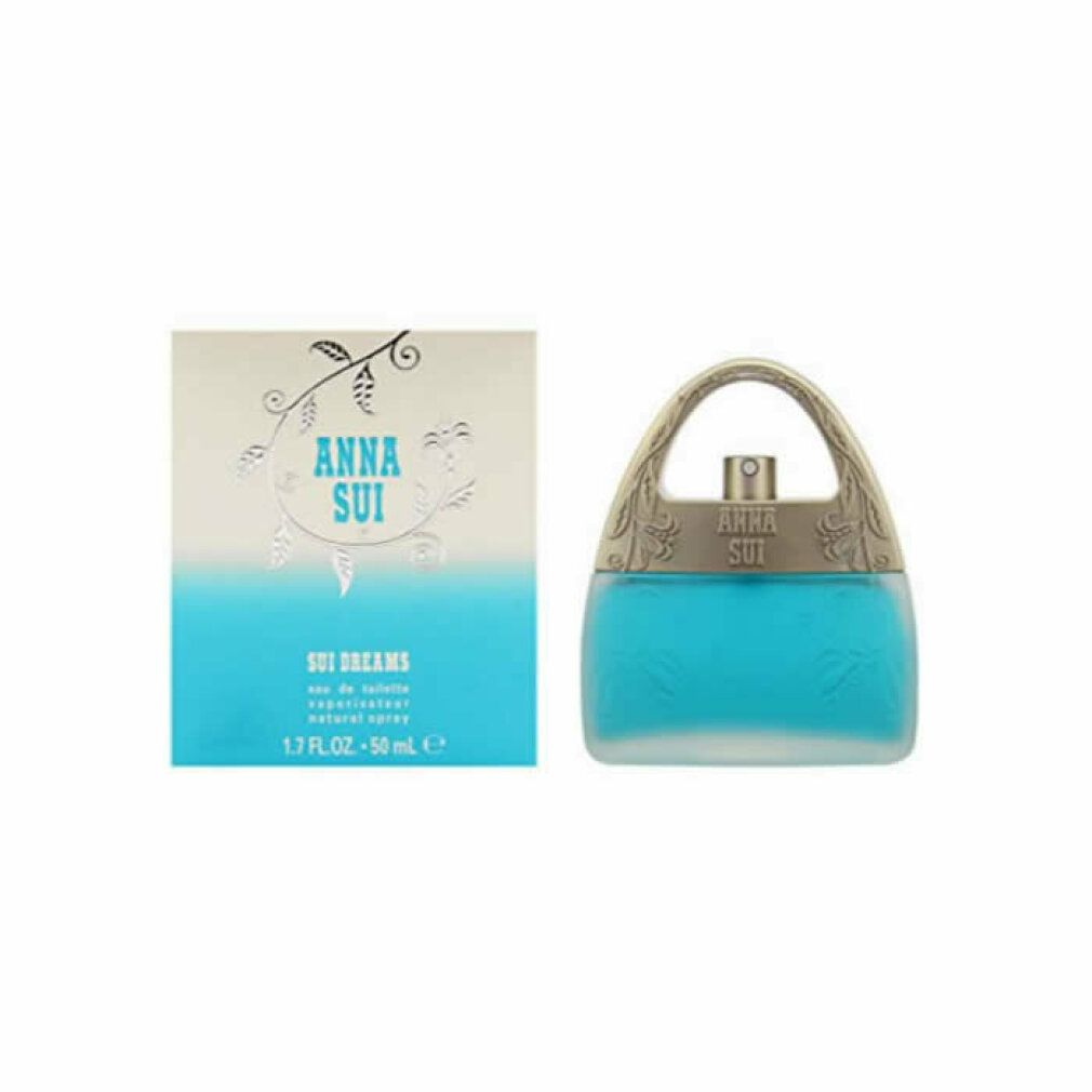 Anna Sui Sui Dreams Eau de Toilette Spray. Flacone e confezione. Profumo azzurro a forma di borsetta. Confezione con testo.