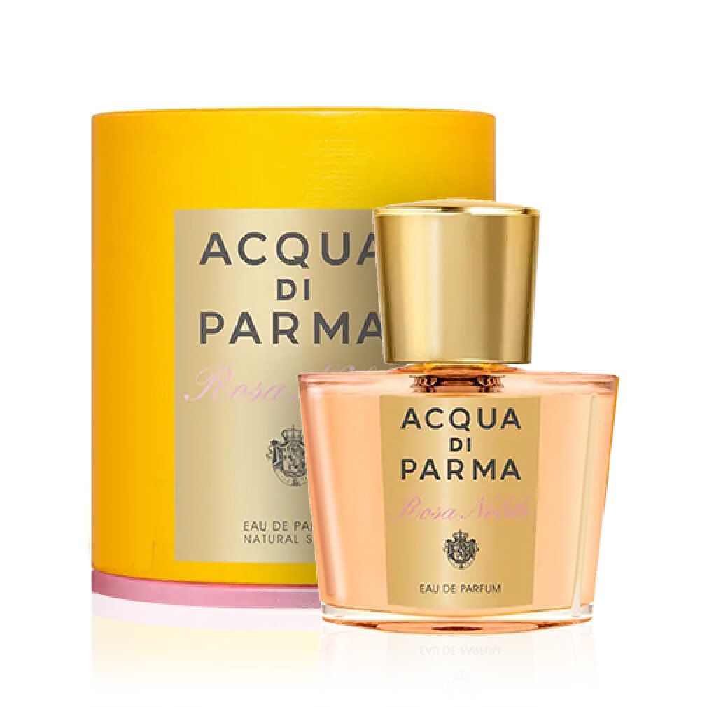 Flacone di profumo e confezione. Tappo dorato, liquido rosa. Scritta: Acqua di Parma Rosa Nobile.