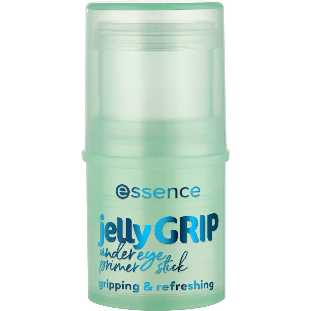 Stick primer verde con coperchio bianco. Scritta: essence jelly GRIP under eye primer stick gripping & refreshing.