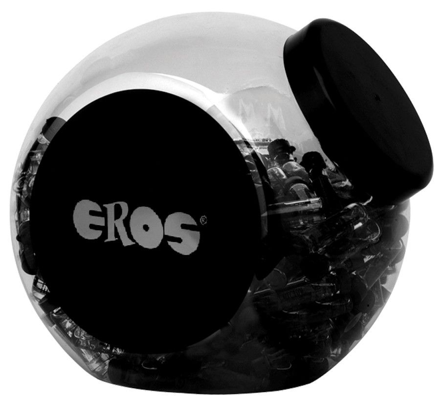 Contenitore trasparente rotondo con coperchio nero, riempito con porzioni singole scure. Adesivo rotondo nero con logo bianco 'EROS'.