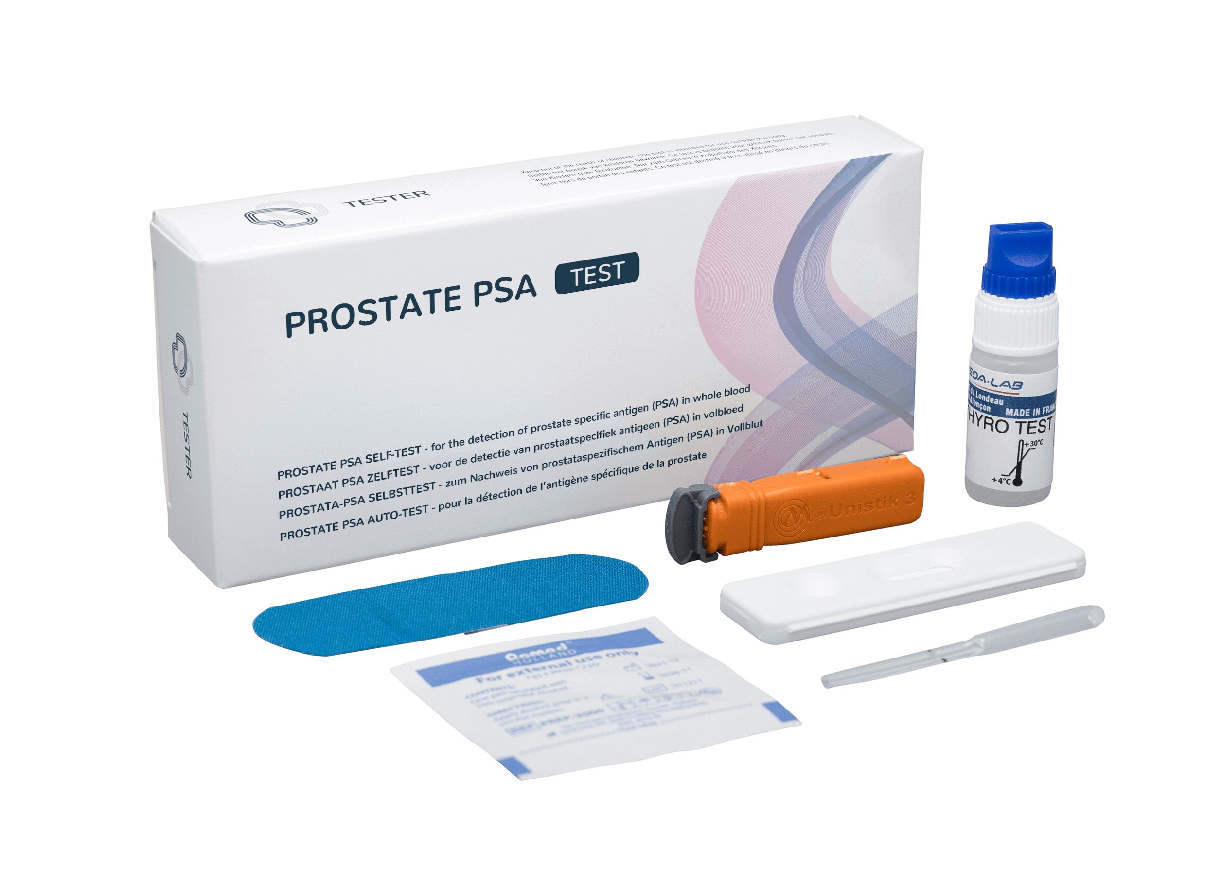 Kit autotest PSA prostata con cassetta, pipetta, provetta, tampone e istruzioni.