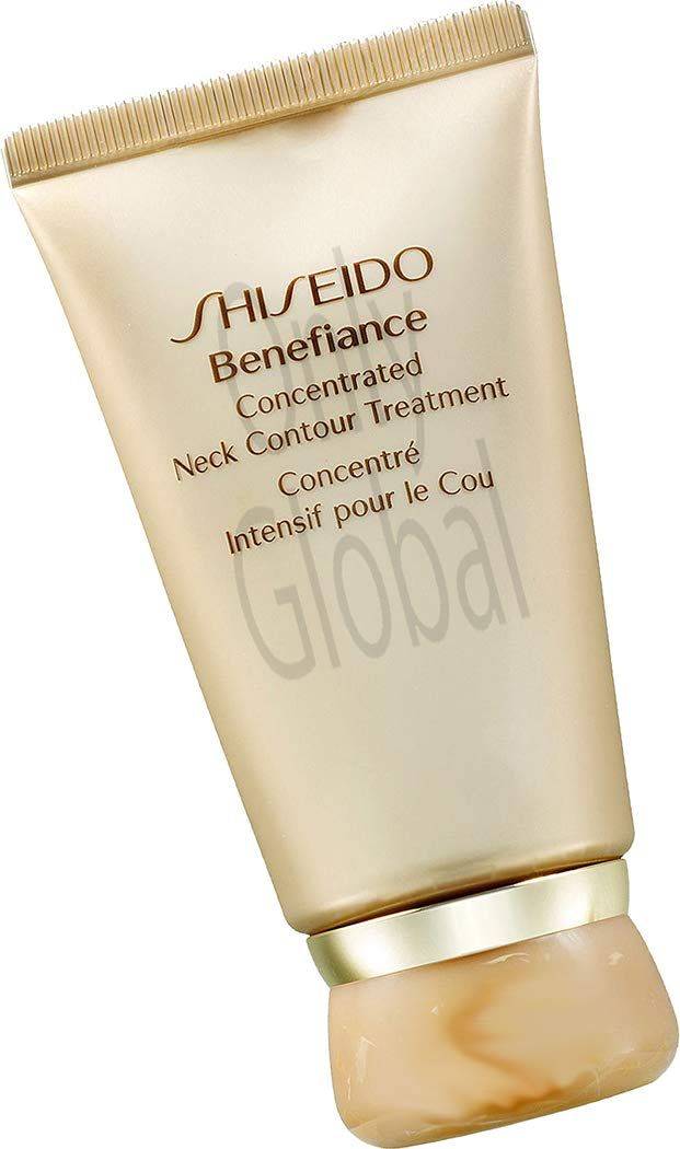 Tubo beige con tappo dorato. Scritta: Shiseido Benefiance Concentrated Neck Contour Treatment. Vista obliqua.