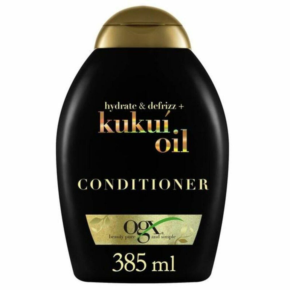 Flacone nero con tappo dorato. Scritta: Kukui Oil Conditioner. Contenuto: 385ml. Con logo.