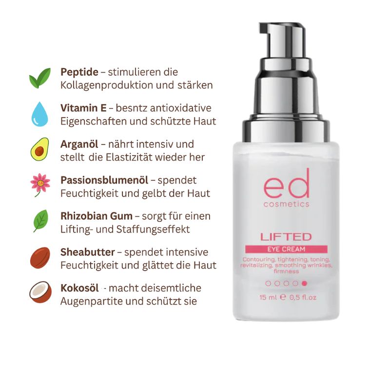 Flacone di crema per occhi con erogatore argentato. Scritta: "ed cosmetics LIFTED EYE CREAM".