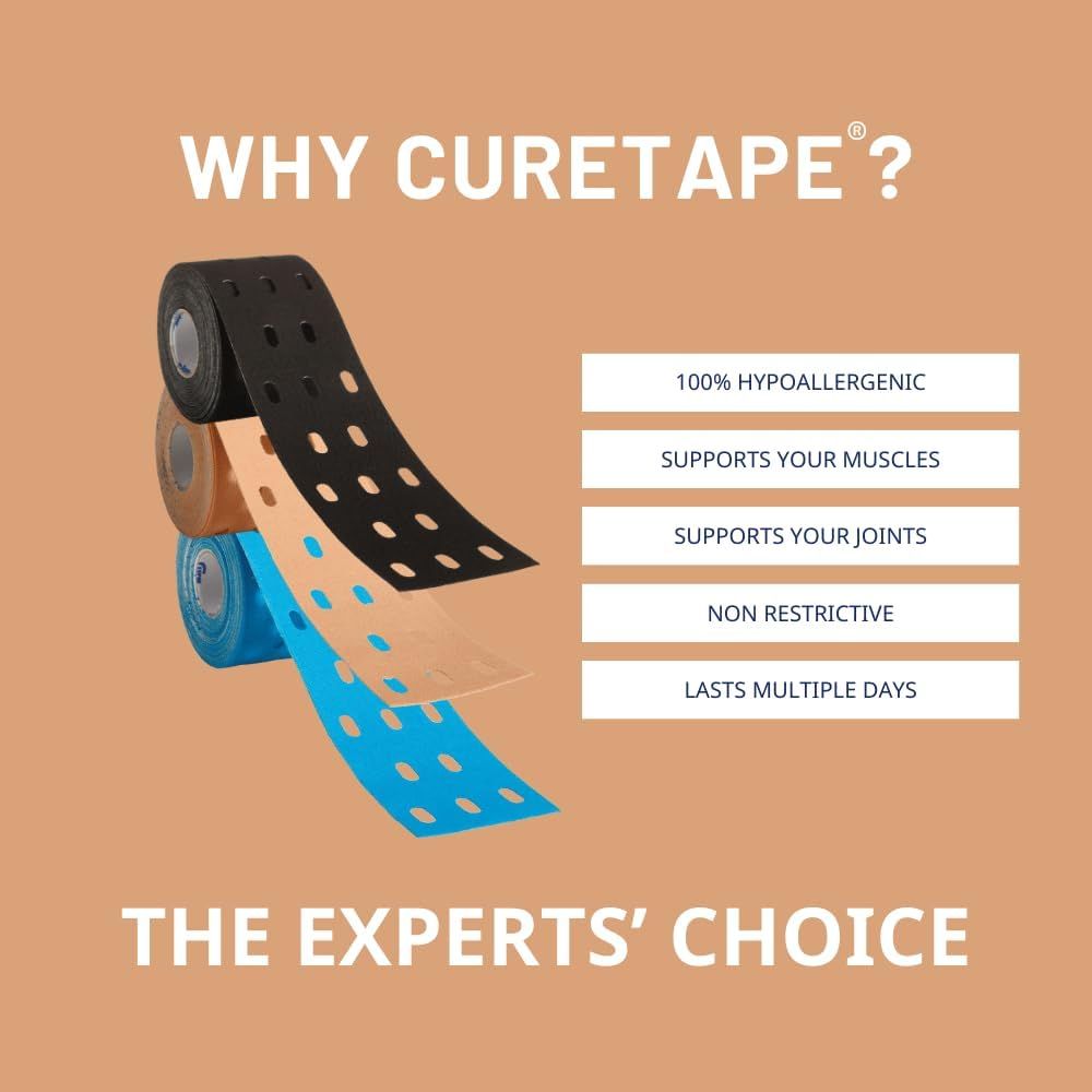 Tre rotoli di kinesio tape nero, beige e blu. Testo: 100% ipoallergenico, supporta muscoli e articolazioni, non restrittivo, dura diversi giorni.
