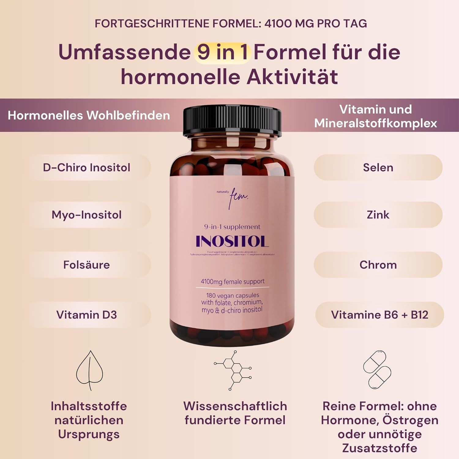 Bottiglia con etichetta rosa, circondata da informazioni su ingredienti e formula.