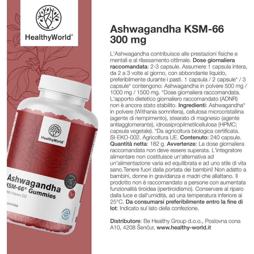 Flacone Ashwagandha KSM-66 Gummies. Scritta: 300 mg. Testo sul dosaggio raccomandato, ingredienti, avvertenze e conservazione.