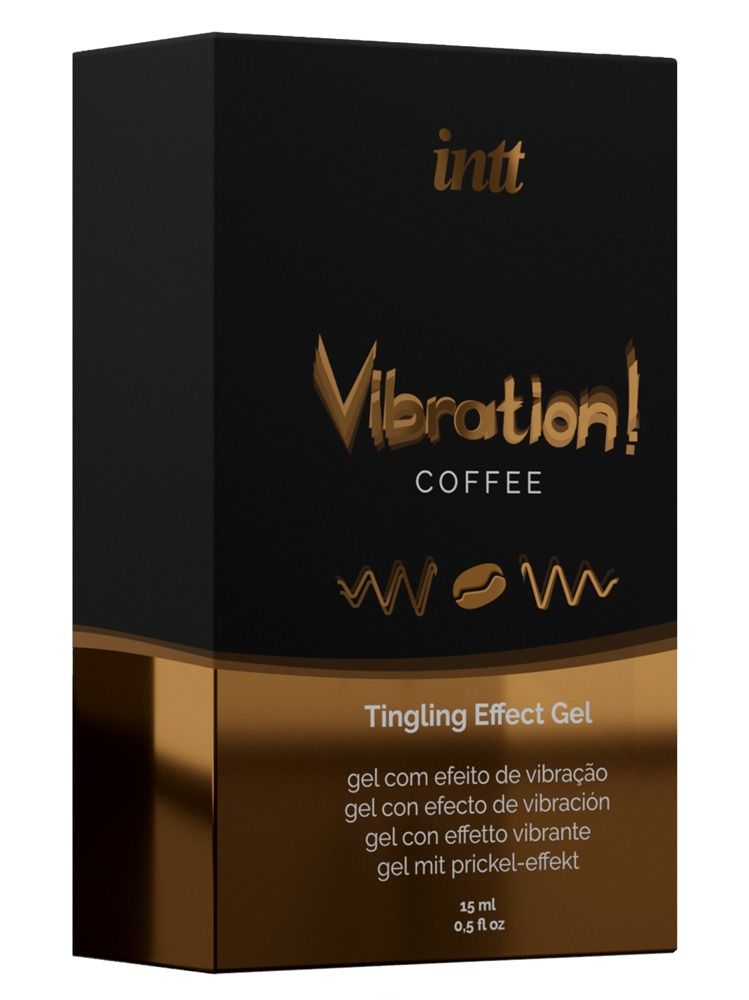 Confezione nera con scritta dorata. Prodotto: Vibration! Coffee Tingling Effect Gel. Marchio: INTT.