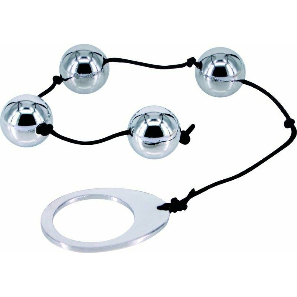 Quattro sfere metalliche collegate da un cordino nero. Un anello all'estremità del cordino.