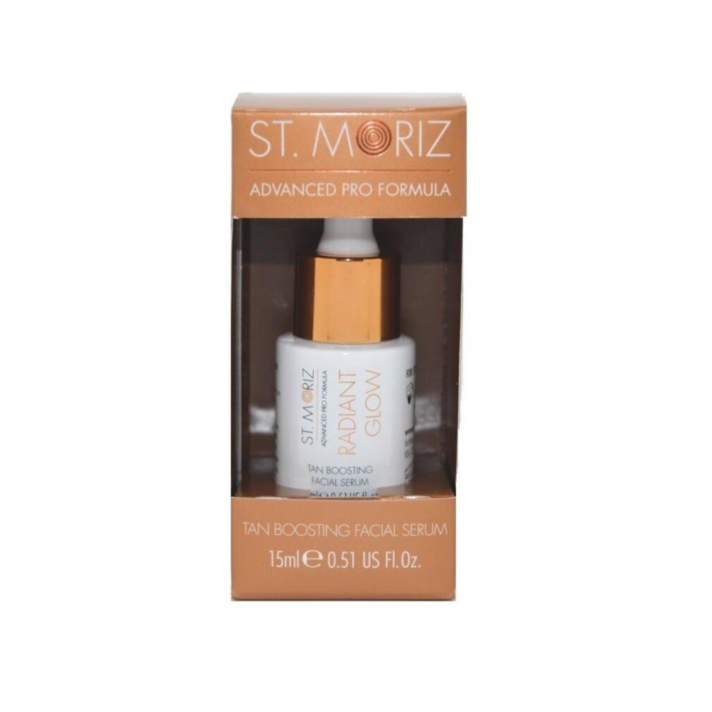 Siero viso in confezione. Flacone con tappo dorato. Testo: St. Moriz, Radiant Glow, Tan Boosting Facial Serum.