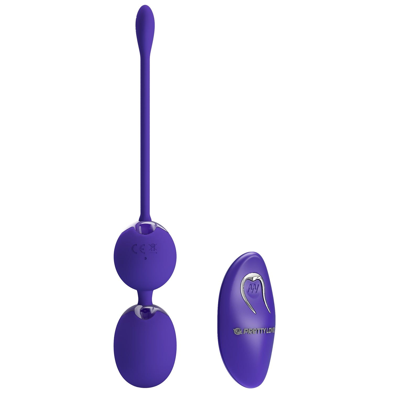 Palline di Kegel viola con telecomando. Il telecomando presenta il logo Pretty Love.