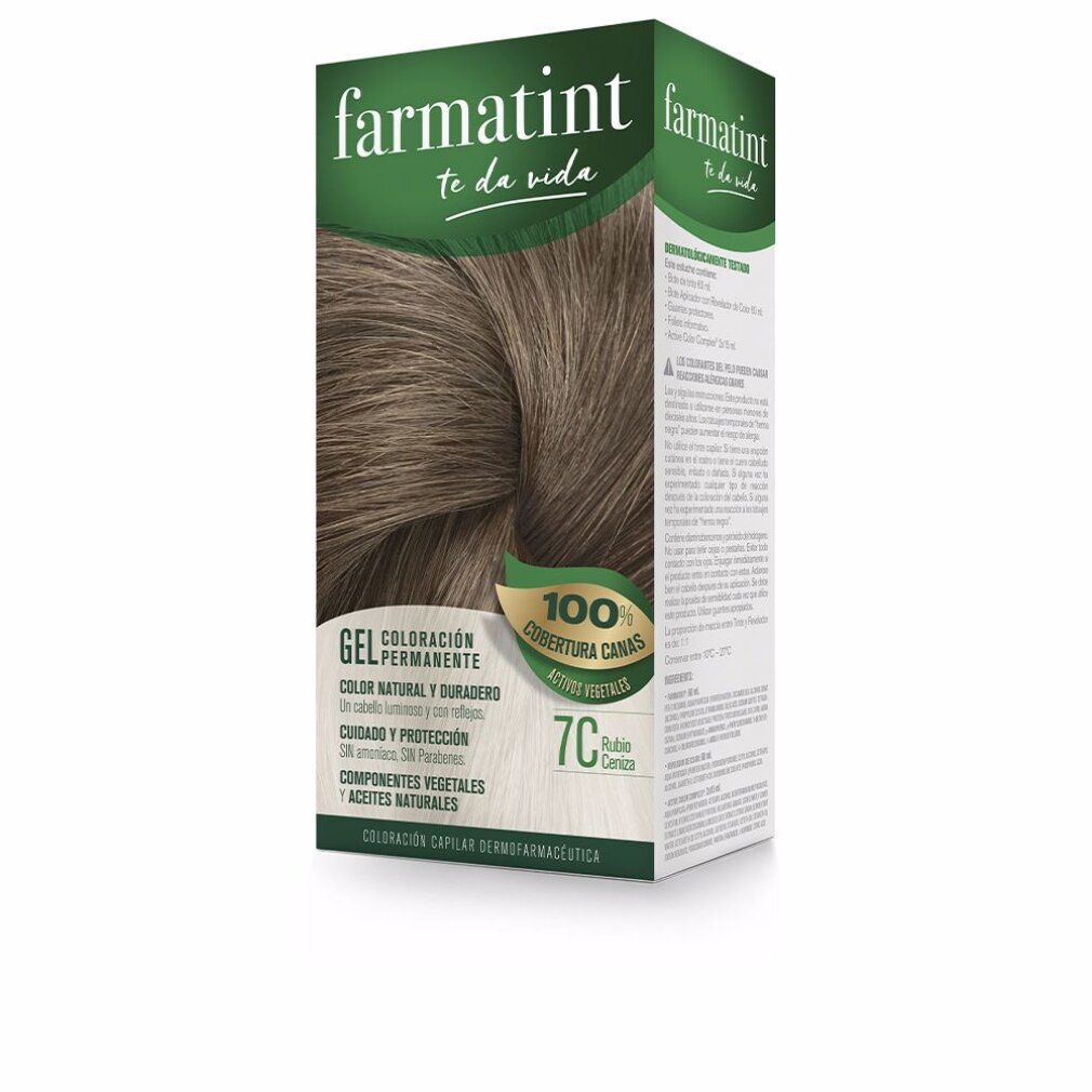 Confezione del prodotto Farmatint. La scatola mostra un colore di capelli e informazioni sul prodotto. "Farmatint" e "7C Aschblond" sono visibili.