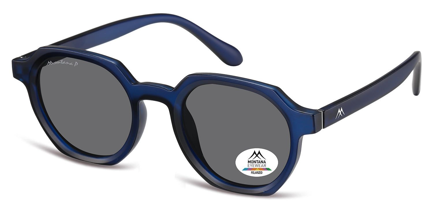 Occhiali da sole blu, forma angolare, lenti grigie. Logo Montana Eyewear sulla lente e sull'asta. Lenti polarizzate.