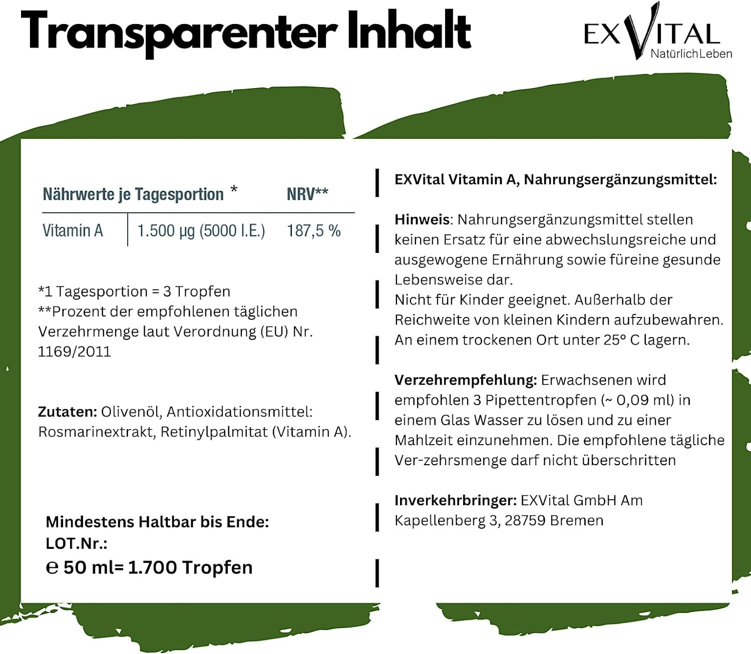 Informazioni nutrizionali e ingredienti delle gocce di vitamina A EXVital.