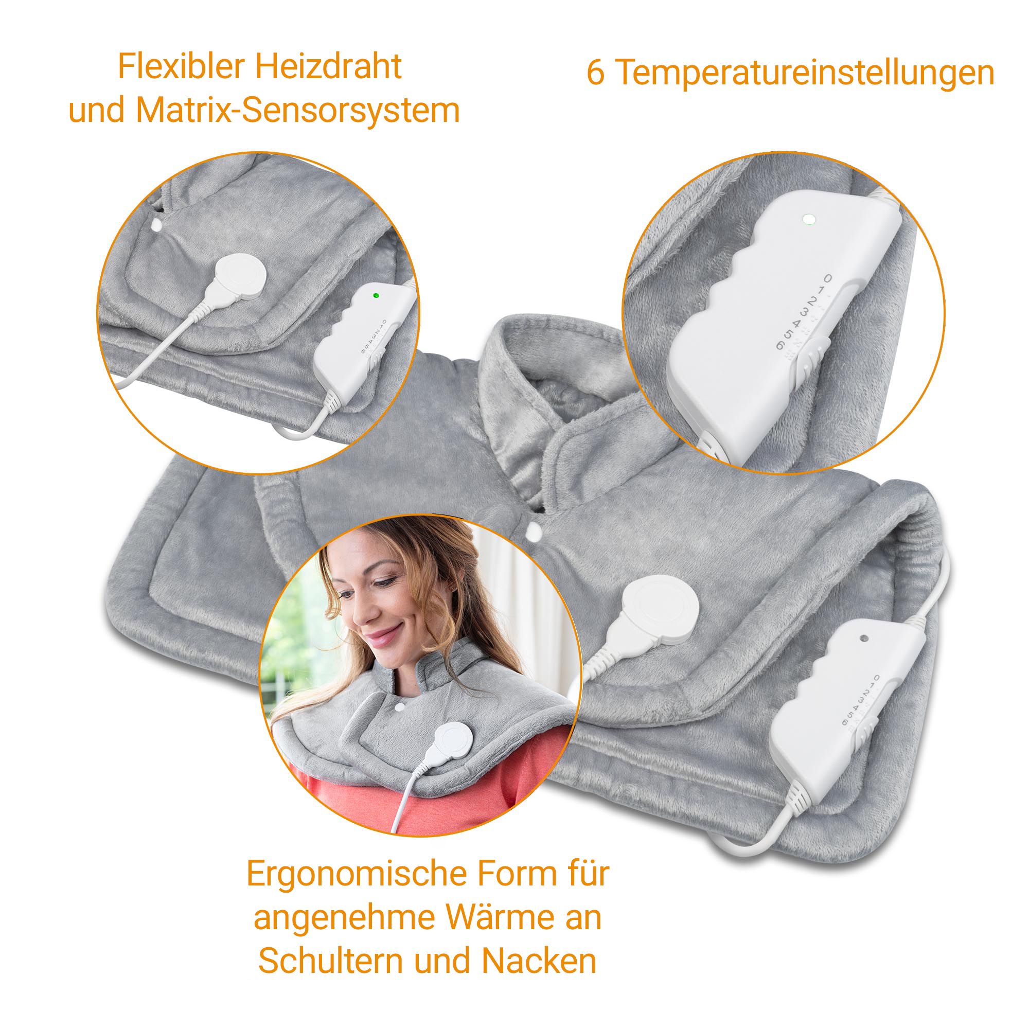 Cuscino riscaldante grigio con dettagli: fili riscaldanti flessibili, 6 temperature, forma ergonomica.