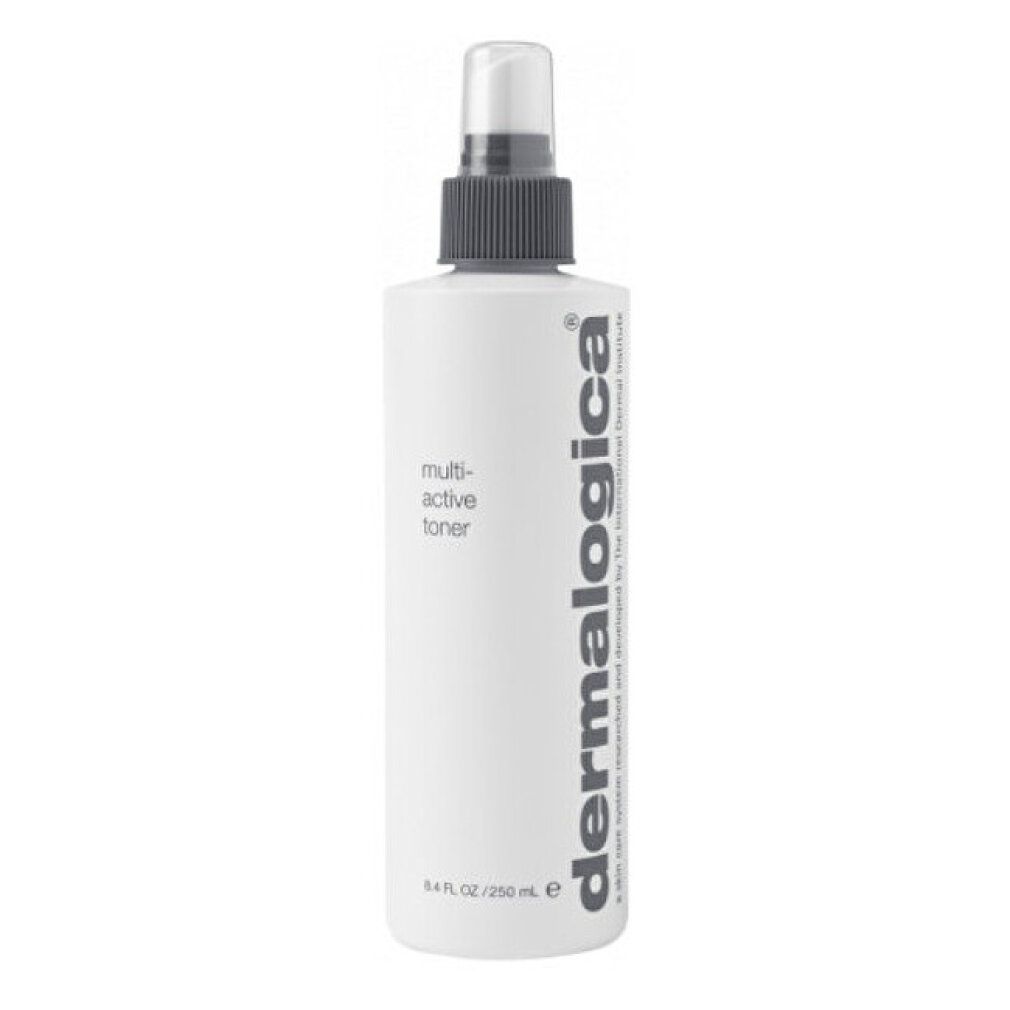 Flacone bianco con vaporizzatore. Scritta: multi-active toner, Dermalogica. 8.4 fl. oz / 250 ml.